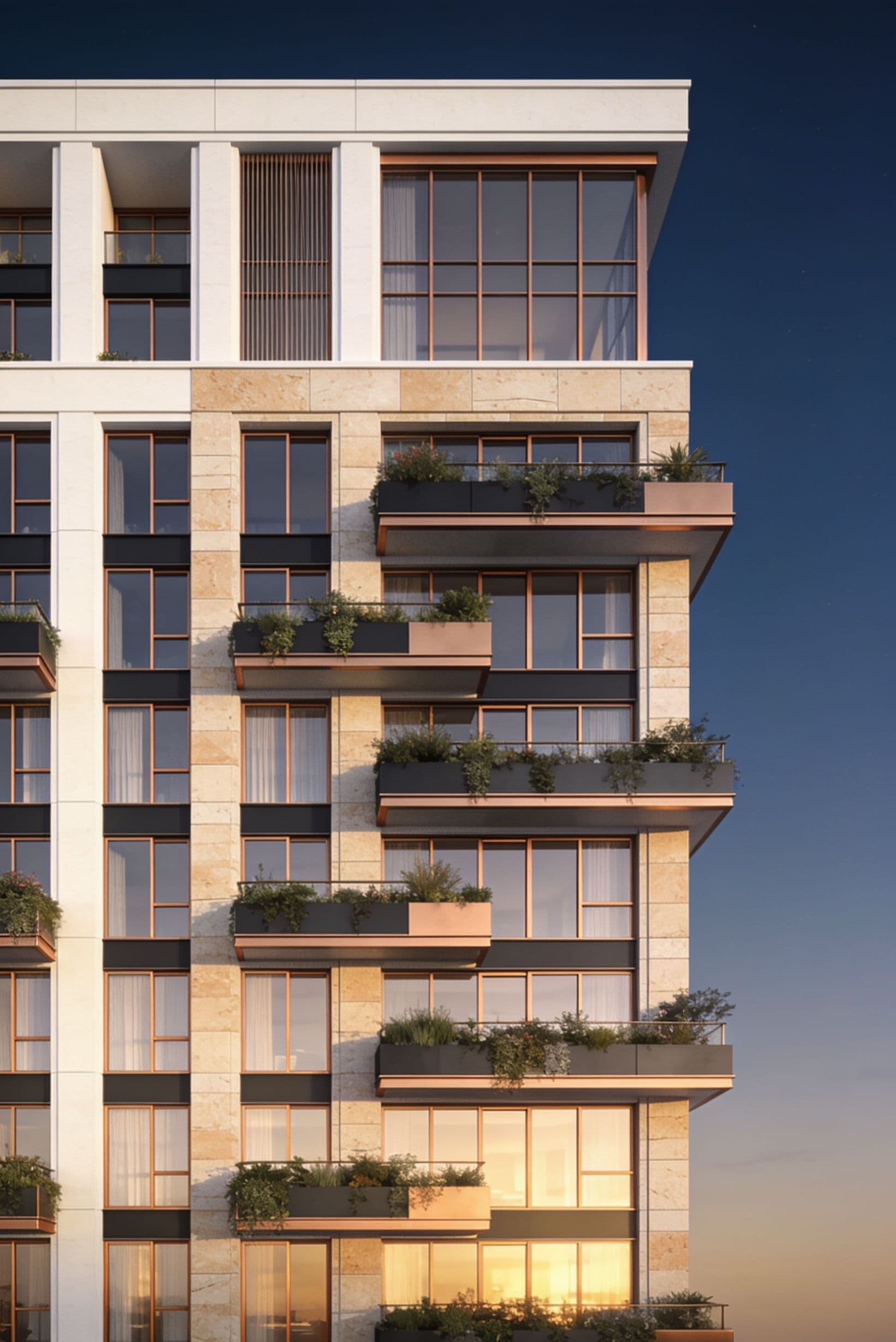 ALTIS Wohnturm, architektonisches Render bei Abendlicht