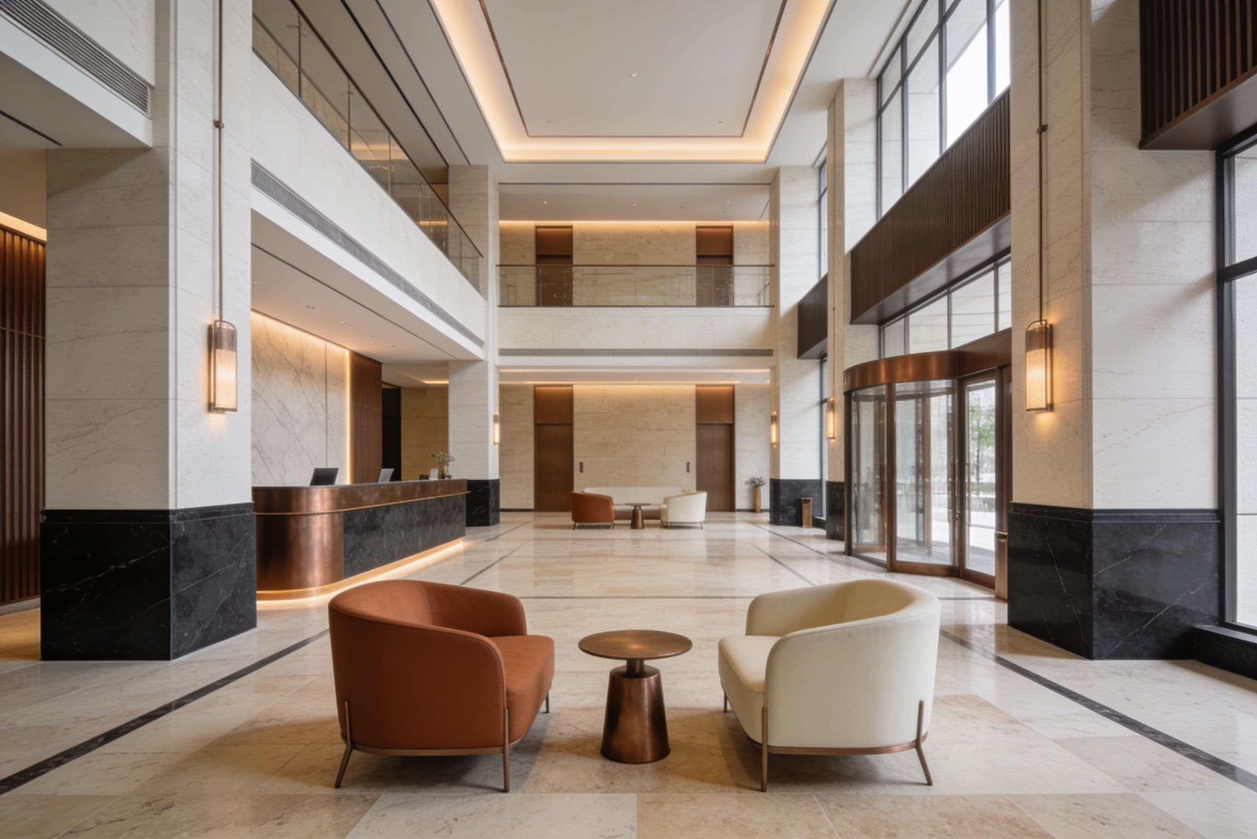 Concierge-Lobby mit Kamin