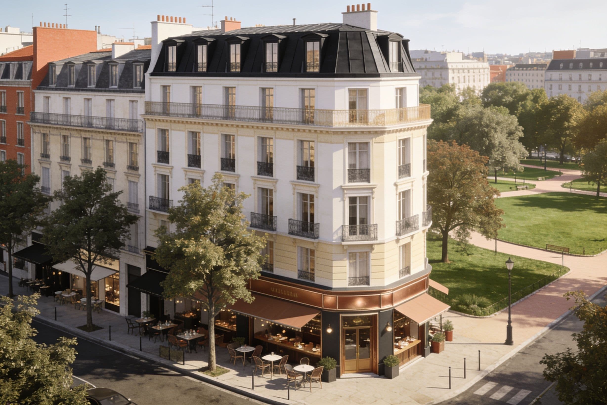 Das Viertel rund um ALTIS mit Cafés und Bäumen